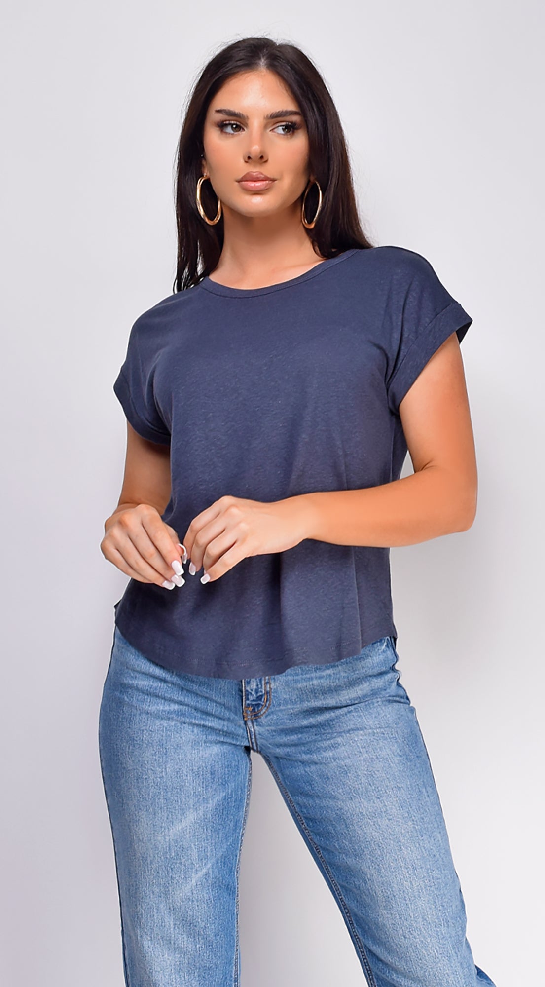 Valeria Basic Linen T-Shirt Top - Gray