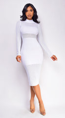 Taima White High Neck Sheer Pointelle Midi Dress