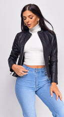 Sona Black Classic Faux Leather Jacket side profile view on model