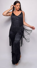 Daciana Black Fringe Jumpsuit styled outfit flat lay