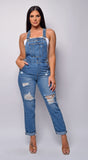 Enzo Blue Medium Wash Destructed Denim Overalls