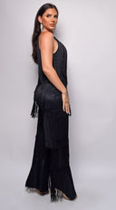 Daciana Black Fringe Jumpsuit stitching and texture close-up hemline and silhouette detail