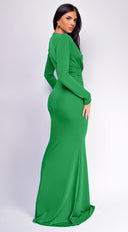 Niya Front Twist Drape Maxi Dress in Green close-up of fabric and construction