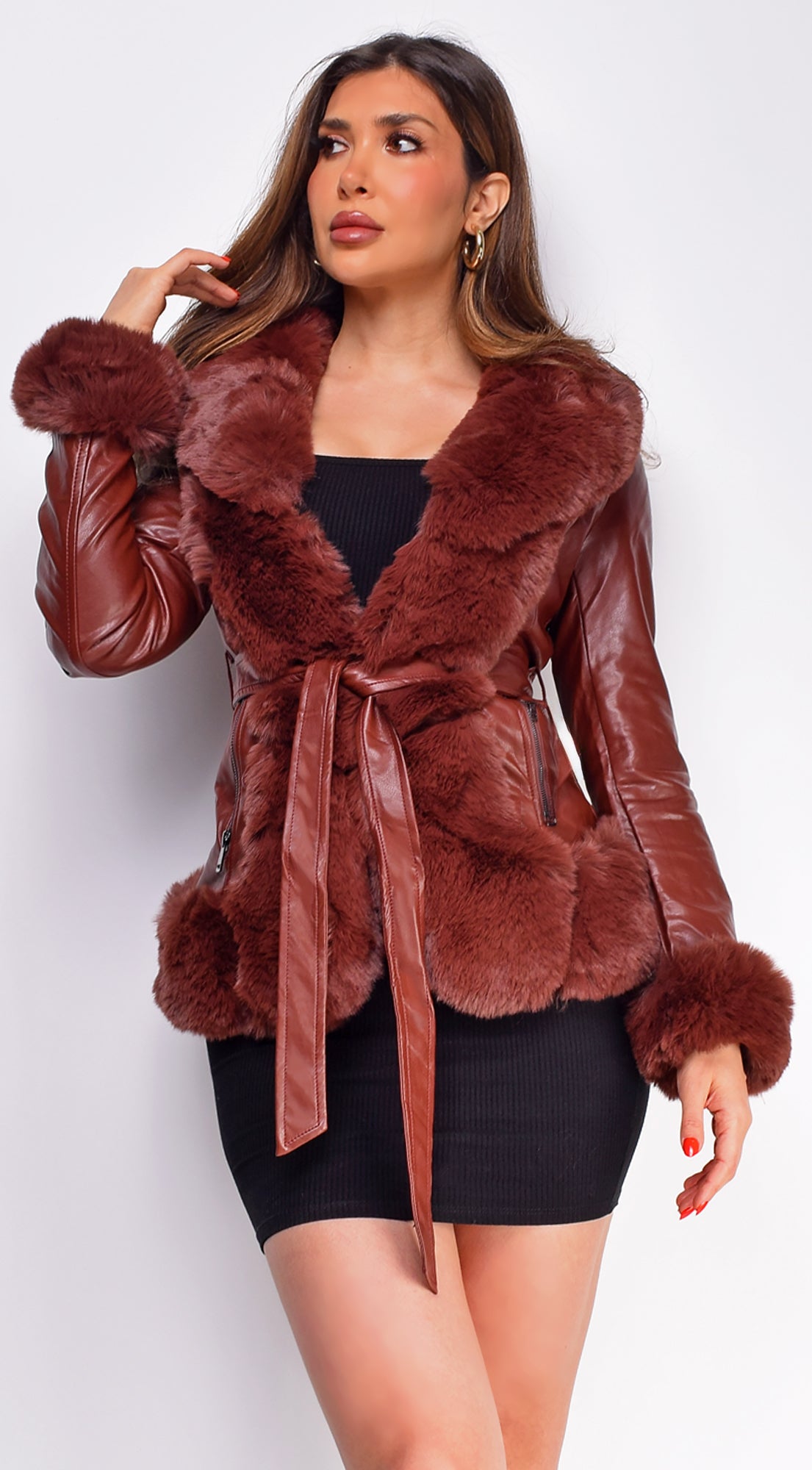 Ekaterina Brown PU Leather Belted Coat