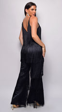 Daciana Black Fringe Jumpsuit hemline and silhouette detail