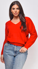 Remy V Neck Drop Shoulder Sweater Top in Red full length front view on model
