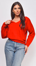 Remy V Neck Drop Shoulder Sweater Top in Red back view on model