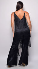 Daciana Black Fringe Jumpsuit close-up of neckline and shoulder detail