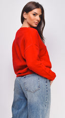 Remy V Neck Drop Shoulder Sweater Top in Red close-up of neckline detail