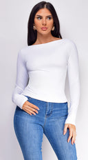 Rhylie Basic Boat Neck Long Sleeve Top - White