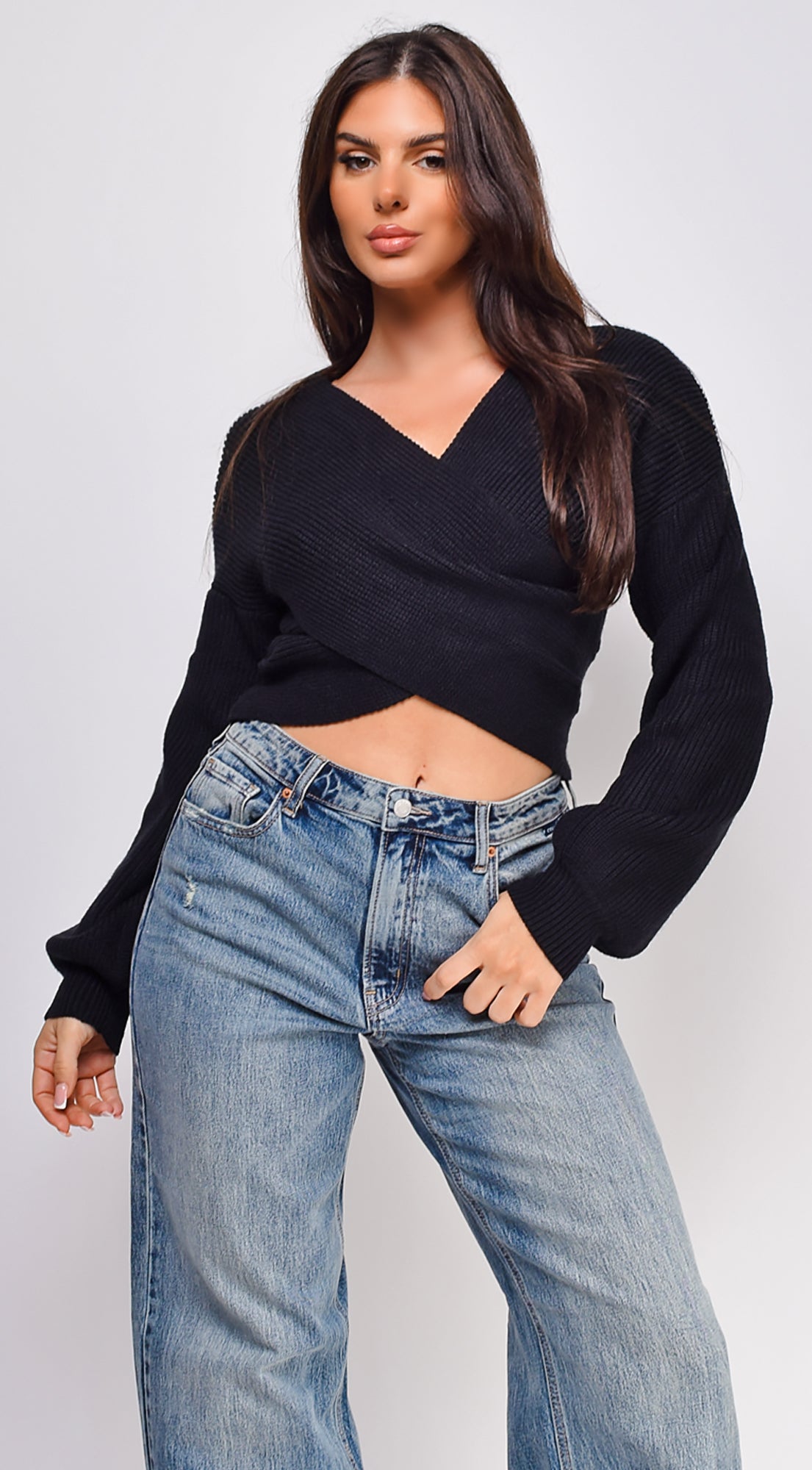 Natasha Cross Over Sweater Top - Black