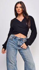 Natasha Cross Over Sweater Top - Black