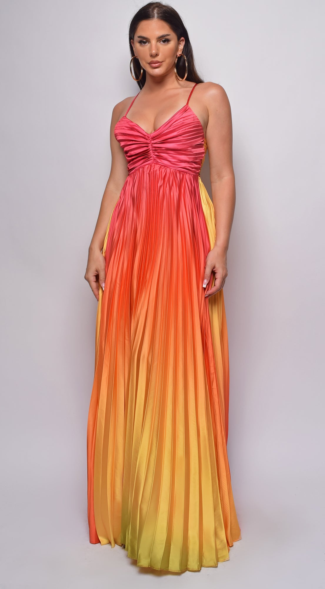 Andora Red Yellow Multi Color Pleated Ombre Maxi Dress