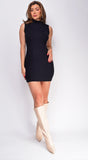 Tassa Black High Neck Ribbed Knit Mini Dress