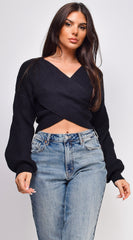 Natasha Cross Over Sweater Top - Black