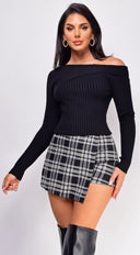 Opal Black Off Shoulder Ribbed Sweater Top side profile view on model