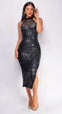 Signa Black High Neck Luxe Metallic Sequin Midi Dress
