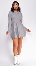 Korin Gray Knit Sweater Mini Dress side profile view on model