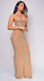 Petra Beige Rhinestone Mesh Maxi Dress