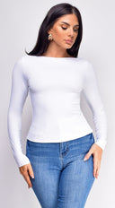 Rhylie Basic Boat Neck Long Sleeve Top - White