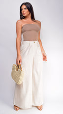 Emma High Waist Linen Pants in Beige side profile view on model