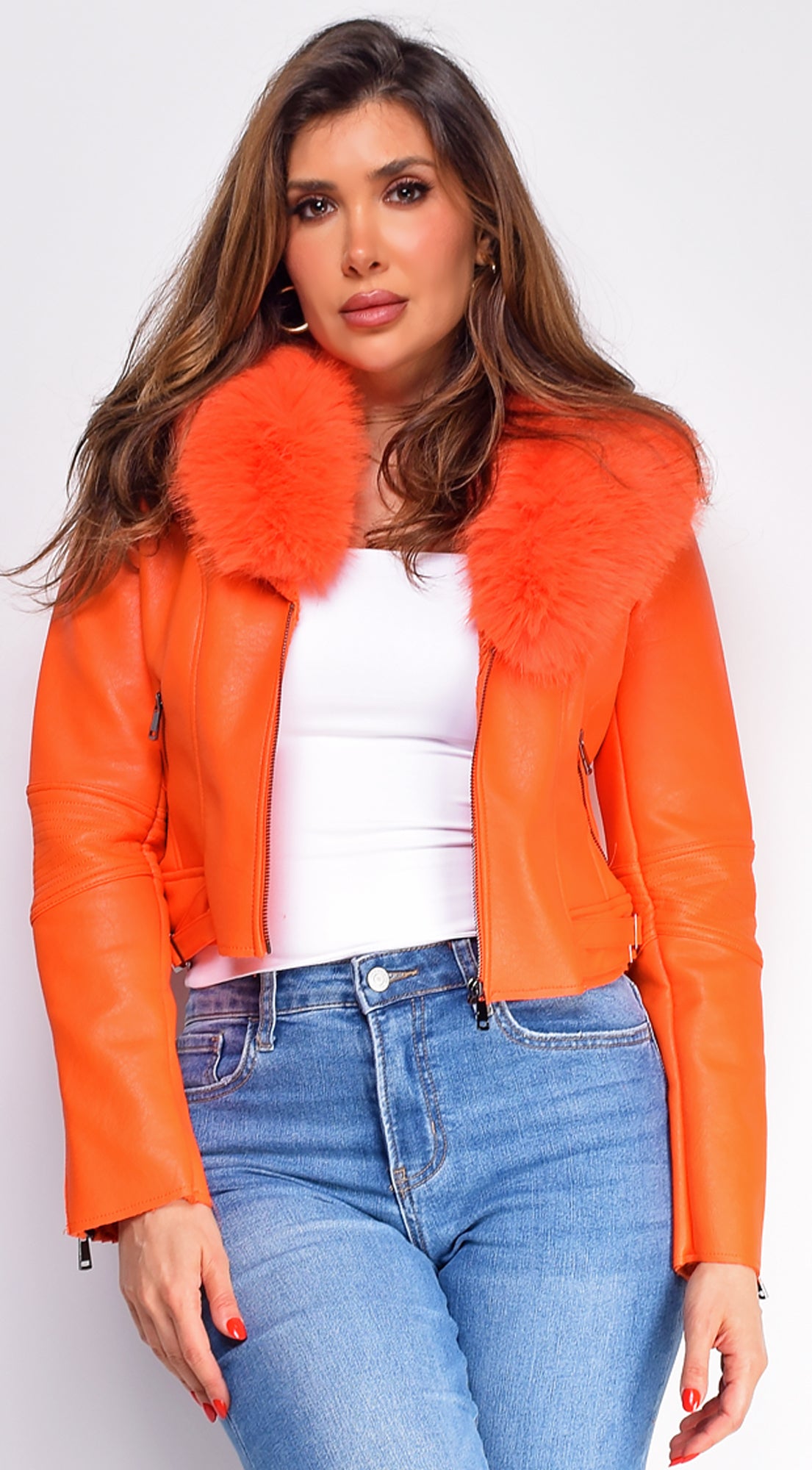 Alyona Orange Faux Fur Leather Jacket