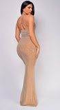 Petra Beige Rhinestone Mesh Maxi Dress