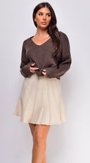 Remy V Neck Drop Shoulder Sweater Top in Brown close-up of neckline detail