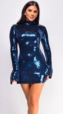 Noor Blue High Neck Sequin Mini Dress