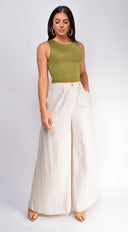 Emma High Waist Linen Pants in Beige hemline and silhouette detail