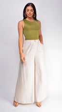 Emma High Waist Linen Pants in Beige full length front view on model