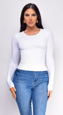 Nora Basic Long Sleeve Top in White side profile view on model