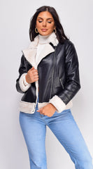 Azure Black Cream Faux Leather Winter Biker Coat