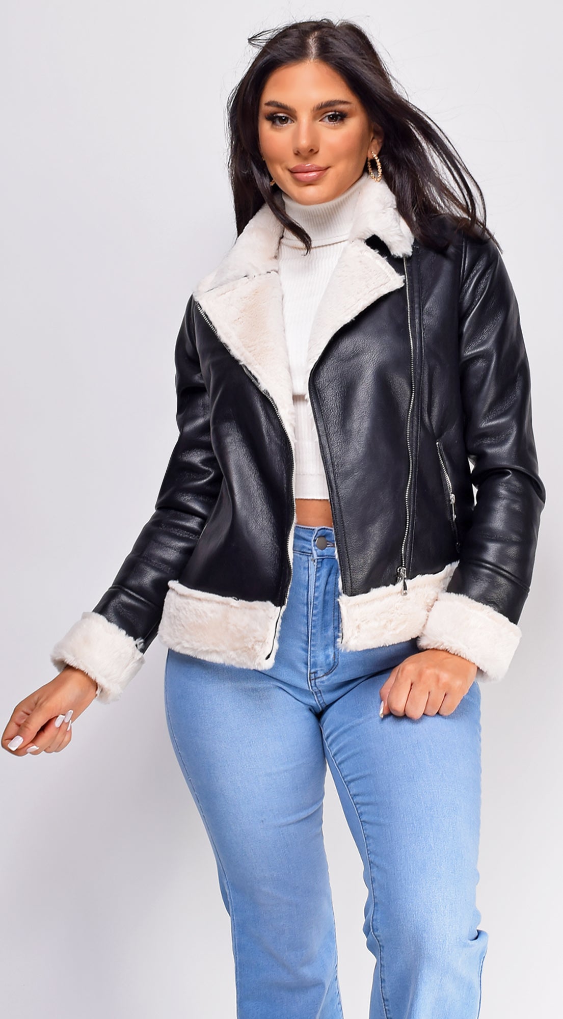 Azure Black Cream Faux Leather Winter Biker Coat