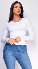 Nora Basic Long Sleeve Top in White close-up of fabric and construction