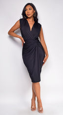 Juneau Twist Midi Dress in Black close-up of neckline and shoulder detail