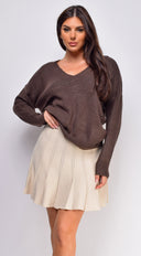 Remy V Neck Drop Shoulder Sweater Top in Brown full length front view on model