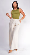 Emma High Waist Linen Pants in Beige back view on model
