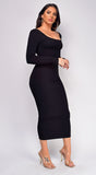 Olsen Black Open Back Ribbed Midi Dress