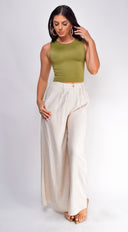 Emma High Waist Linen Pants in Beige close-up of fabric and construction