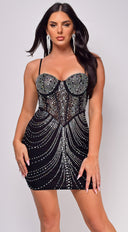 Katja Black Rhinestone Mesh Corset Mini Dress
