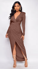 Xena Wrap Long Sleeve Maxi Dress - Brown