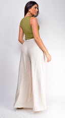 Emma High Waist Linen Pants in Beige styled outfit flat lay