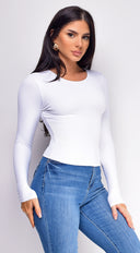 Nora Basic Long Sleeve Top in White full length front view on model