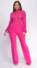 Nerine Crochet Lace Mesh Jumpsuit - Magenta Pink