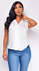 Kai Button Up Top in White close-up of button detailing
