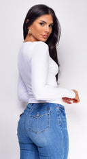 Nora Basic Long Sleeve Top in White back view on model
