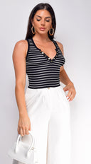 Rey Stripe Button Front Henley Crop Top in Black back view on model