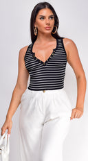 Rey Stripe Button Front Henley Crop Top in Black full length front view on model