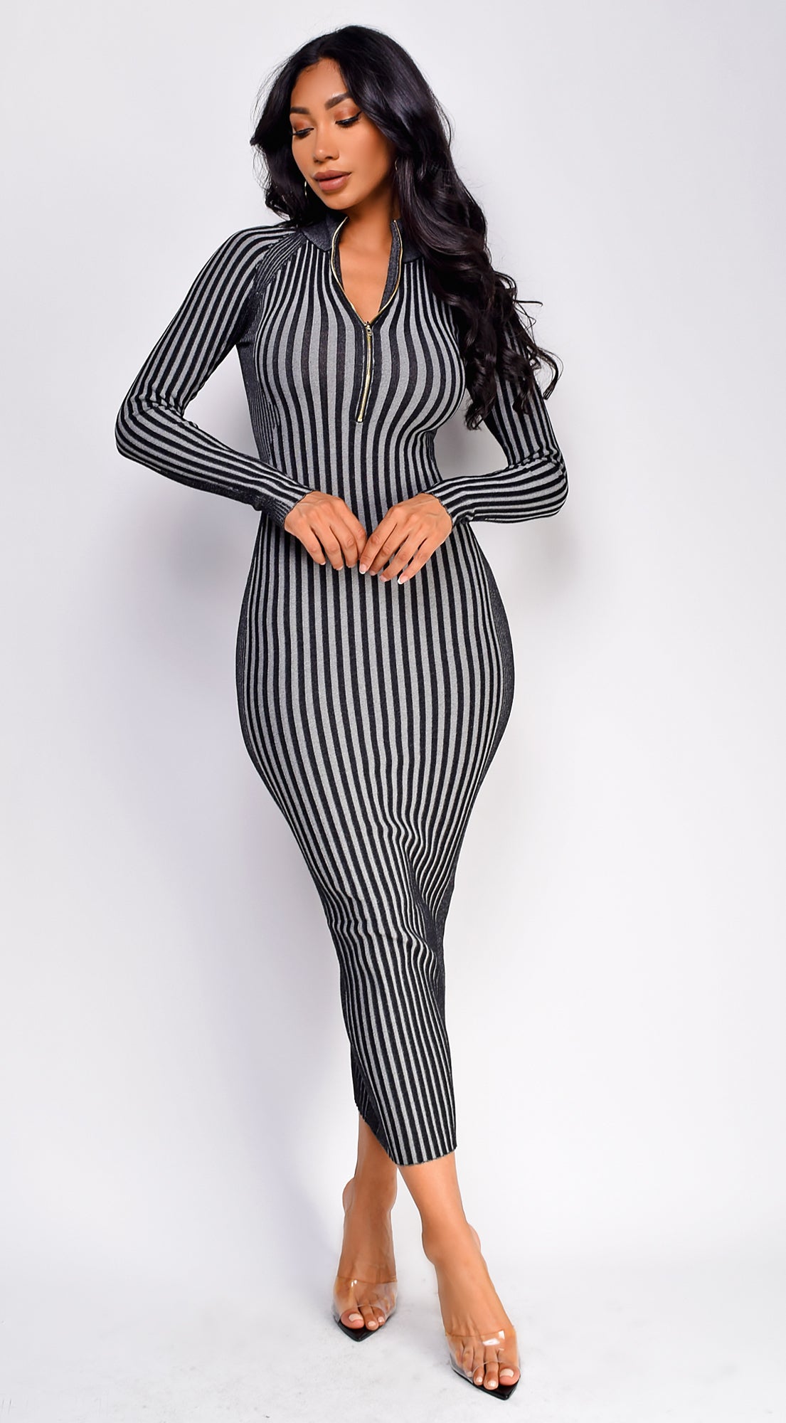 Amara Two Tone Front Zipper Maxi Dress - Gray